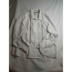 SK & Company White Pleated Tuxedo Blouse Navy Piping Size 12 Long Sleeve Womens